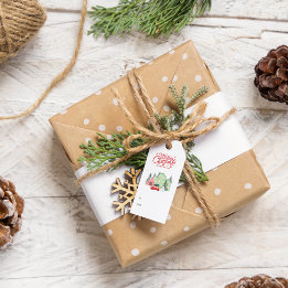 Nordic Snowy House & Red Car Kerstmis Cadeaulabel