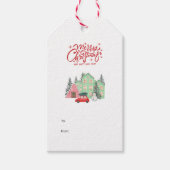 Nordic Snowy House & Red Car Kerstmis Cadeaulabel (Voorkant)