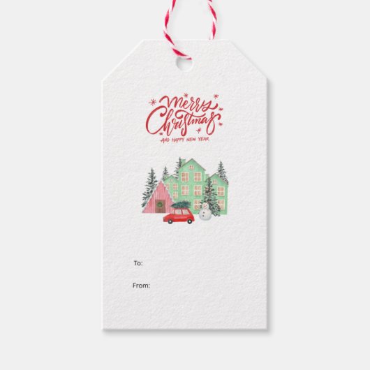 Nordic Snowy House & Red Car Kerstmis Cadeaulabel (Voorkant)
