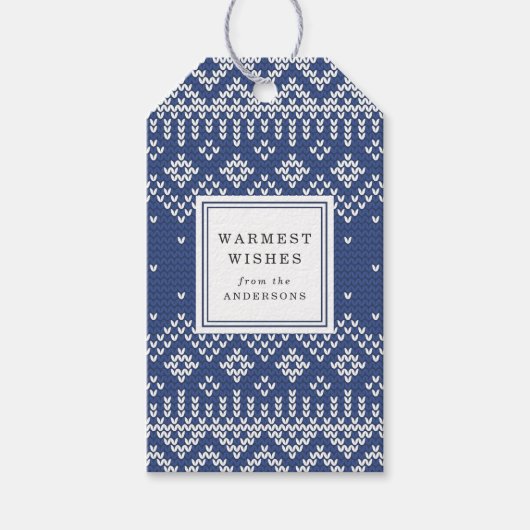 Nordic Sweater Pattern Marine en Witte Vakantie Cadeaulabel (Voorkant)