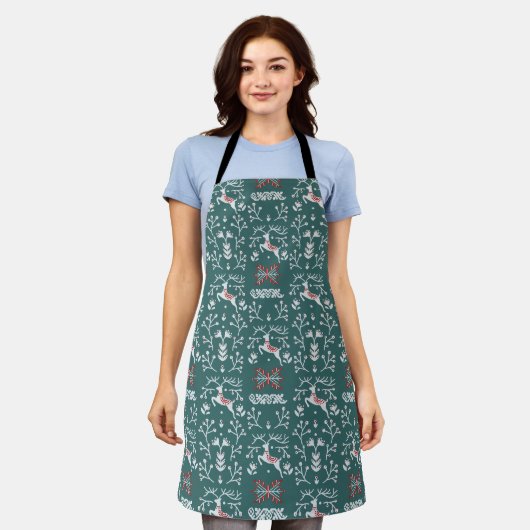 Nordic White Reindeer Pattern over Blauwgroen Schort (Gedragen)