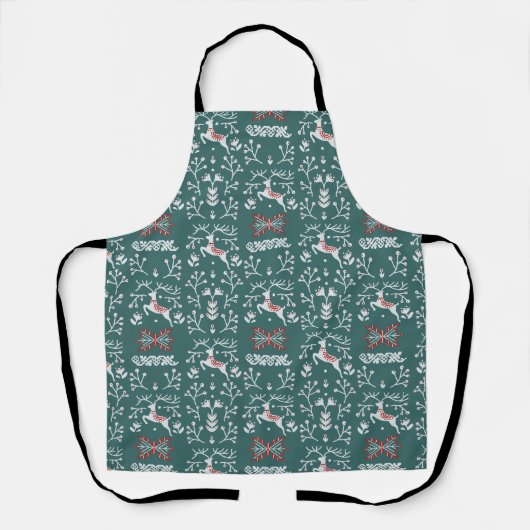 Nordic White Reindeer Pattern over Blauwgroen Schort (Voorkant)