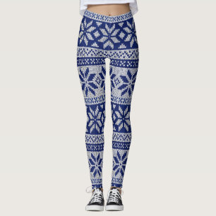 Nordic Winter Snowflake Knit Pattern Blue Leggings