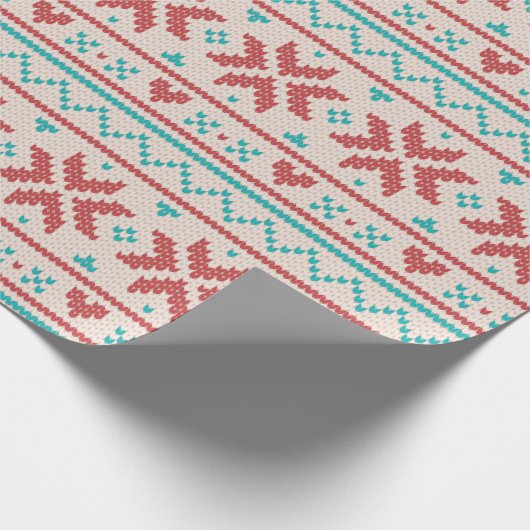 Nordic Winter Sweater Faux Knit Aqua & Red Pattern Cadeaupapier (Hoek)