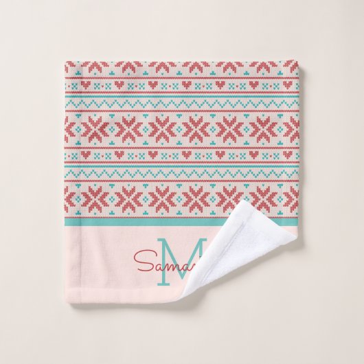 Nordic Winter Sweater Faux Knit Pattern Monogram Bad Handdoek (Wasdoekje)