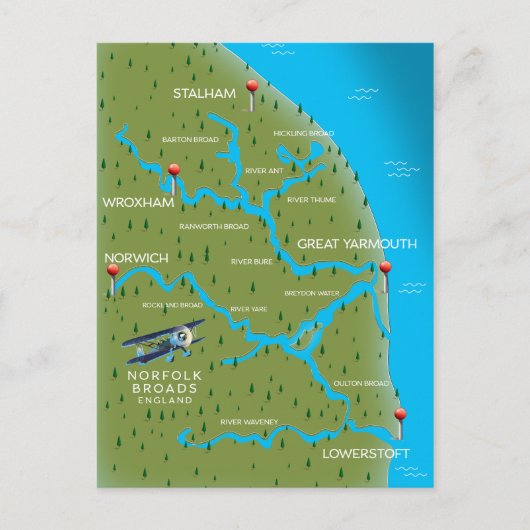Norfolk Broads England Map. Briefkaart (Voorkant)