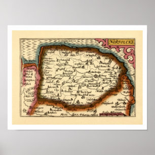 Norfolk "Norfolcke" County Engeland Oude Atlas kaa Poster