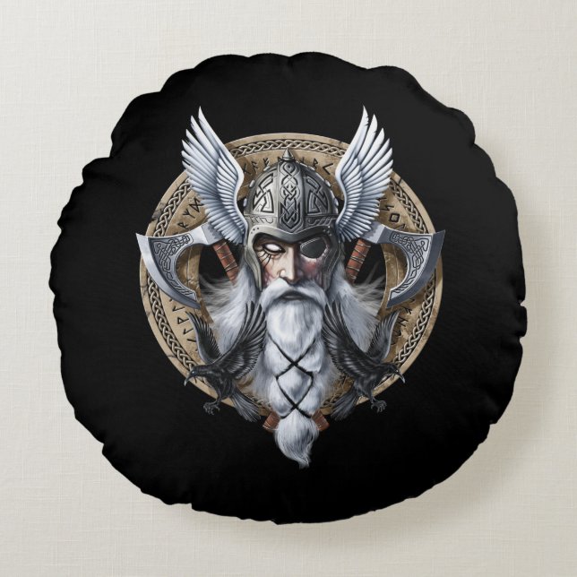 Norse Warrior God Odin Rond Kussen (Voorkant)