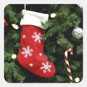 North America. kerstversieringen op boom. 3 Vierkante Sticker