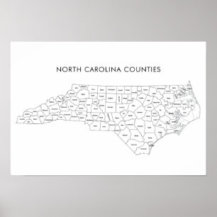 North Carolina County's kaart met provincienamen Poster