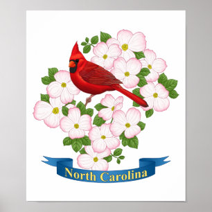 North Carolina State Cardinale Bird Dogwood Flower Poster