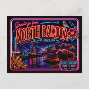 North Dakota Neon Staat Retro Vintage Briefkaart