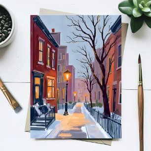 North End Winter Boston Aquarel Schilderij Briefkaart
