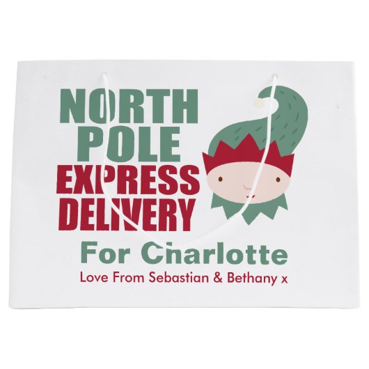 North Pole Express Delivery Personalized Elf Large Cadeauzakje (Voorkant)