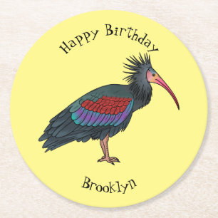 Northern bald ibis bird cartoon illustratie ronde kartonnen onderzetter