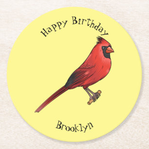 Northern cardinal bird cartoon illustratie ronde kartonnen onderzetter