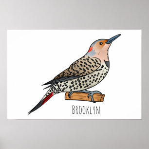 Northern flicker bird cartoon illustration poster