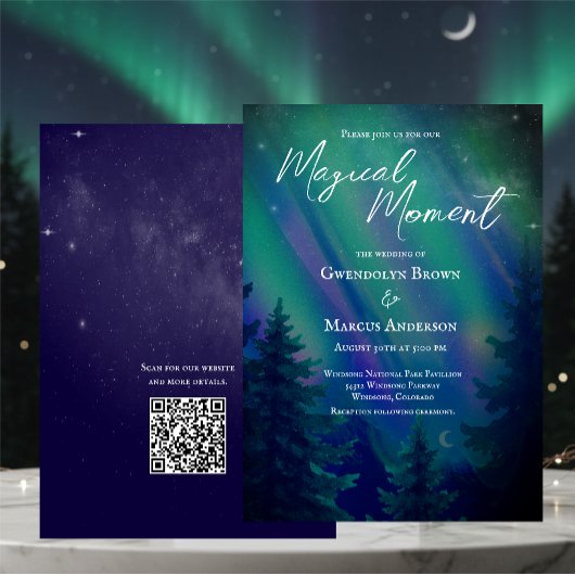Northern Lights Forest  QR Code Wedding Kaart