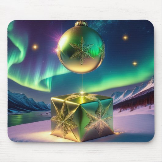 Northern Lights Xmas Bell Gift Box Snow Muismat (Voorkant)