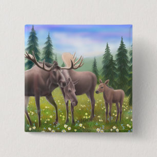 Northern Moose Family PIn Vierkante Button 5,1 Cm