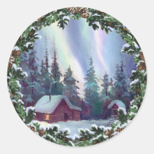 NORTHERNLIGHTS LOG CABIN & WREATH by SHARON SHARPE Ronde Sticker