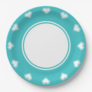 Nos cœurs 8 bits sur assiette en papier turquoise