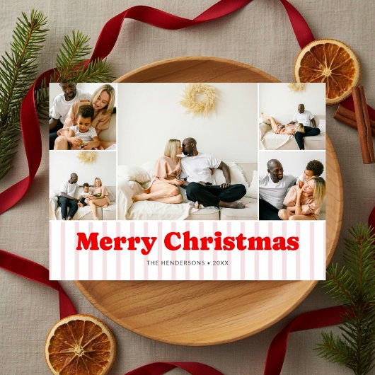Nostalgia Retro Christmas Red Striped 7 Photo Feestdagenkaart