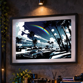 Nostalgic Blue American Car Palms Man Cave Art Poster