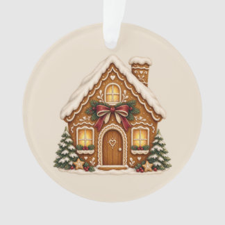 Nostalgic Gingerbread House with Red Christmas Bow Ornament