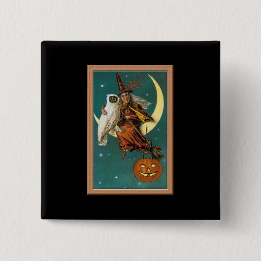 Nostalgic Happy Halloween Witch & Owl Vierkante Button 5,1 Cm (Voorkant)