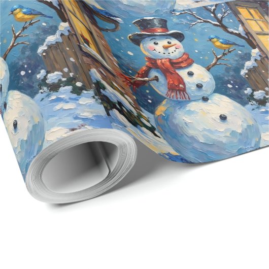 Nostalgic Happy Snowman with Bluebird Winter Scene Cadeaupapier (Rol Hoek)