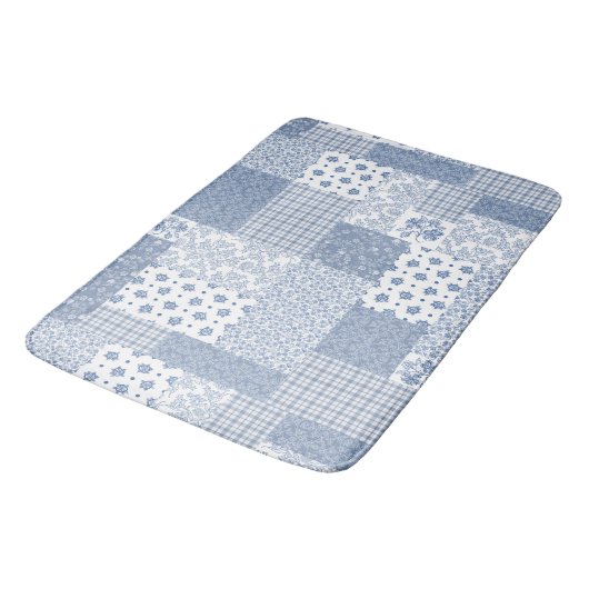 Nostalgic Indigo Faux Patchwork Large Bath Mat (Gekanteld)