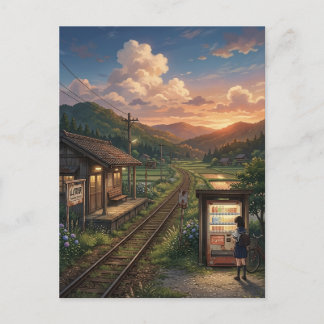 Nostalgic Japanese Summer Railway Station - Anime Briefkaart