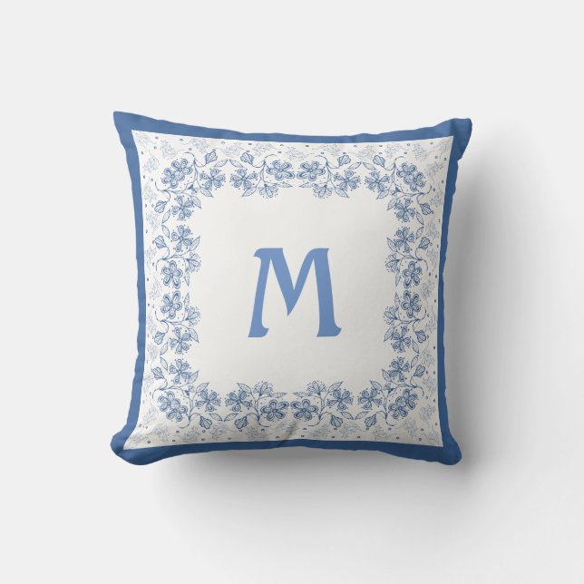 Nostalgic Monogram Indigo Floral Border Kussen (Voorkant)