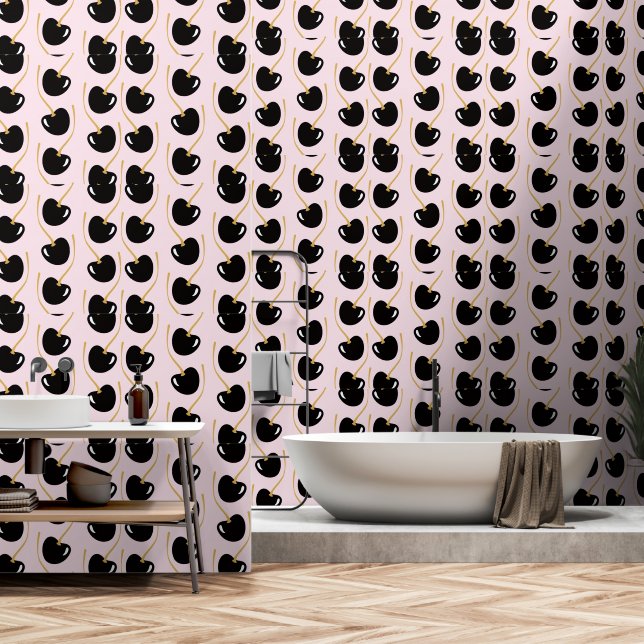 Nostalgic powder pink black cherry wallpaper  behang (Badkamer)