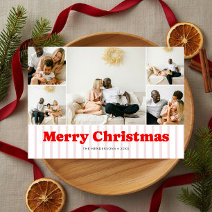 Nostalgie Retro Kerstmis Rode Gestreepte 7 Foto Feestdagenkaart