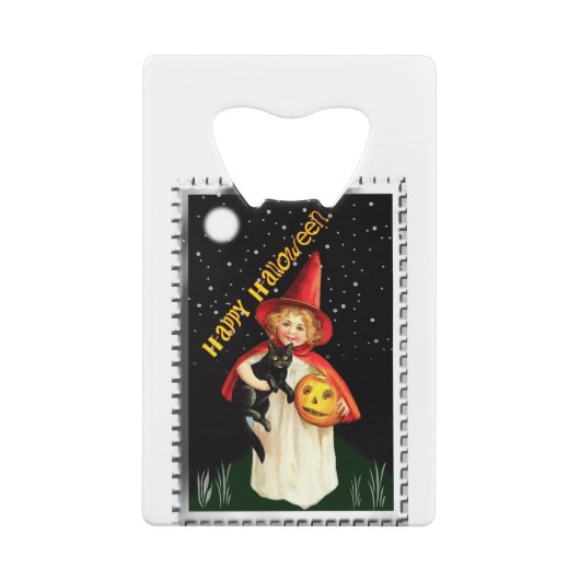 Nostalgisch klein meisje, Jack-o’-lantaarn en kat Kredietkaart Flessenopener (Achterkant)