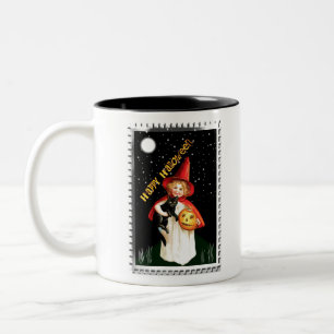 Nostalgisch klein meisje, Jack-o’-lantaarn en kat Tweekleurige Koffiemok