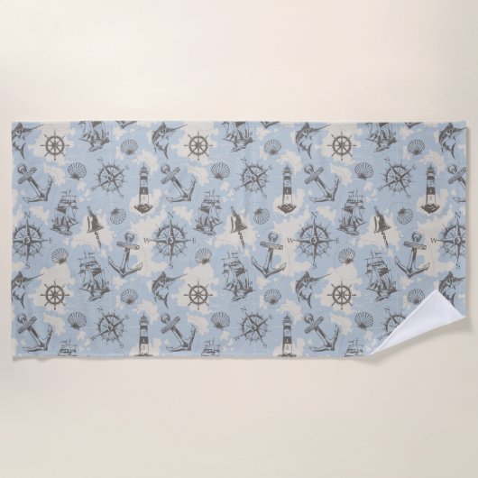 Nostalgisch nautisch blauw patroon strandlaken (Voorkant)