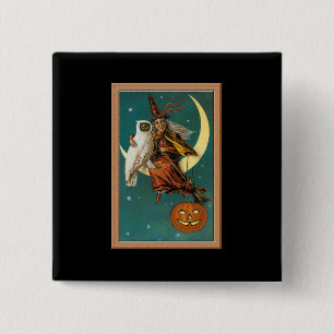 Nostalgische Gelukkige Halloween Heks & Uil Vierkante Button 5,1 Cm