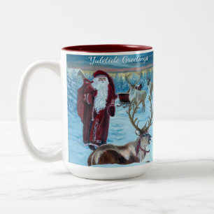 Nostalgische geschilderde kerstman en rendier 15 o tweekleurige koffiemok