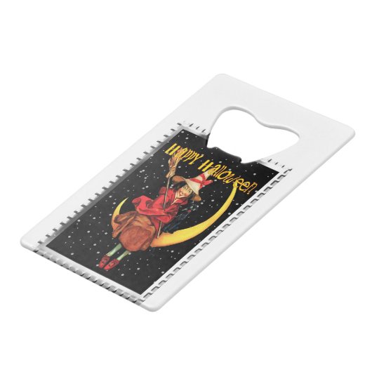 Nostalgische Halloween Good Witch en haar kat Kredietkaart Flessenopener (Voorkant Gekanteld)