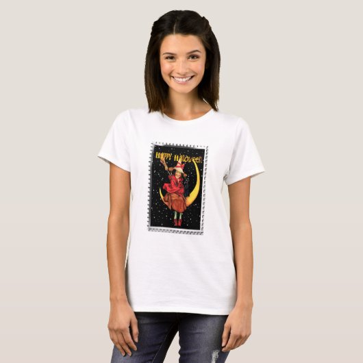 Nostalgische Halloween Good Witch en haar kat T-shirt (Voorkant volledig)