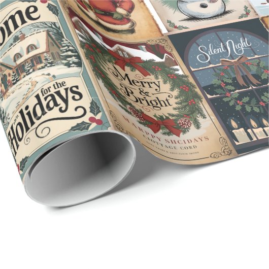 Nostalgische Kerstmis Collage Retro Vakantie Cadeaupapier (Rol Hoek)
