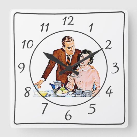 Nostalgische  Retro Couple Kitchen Clock Vierkante Klok (Voorkant)