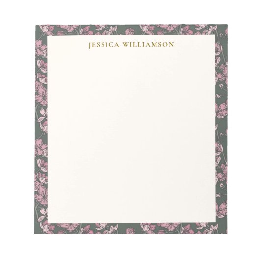 Nostalgische roze bloem Gepersonaliseerde naam Notitieblok (Voorkant)