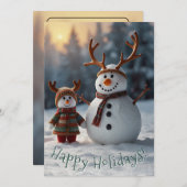 Nostalgische sneeuwman en vrolijk sneeuwkind feestdagenkaart (Voorkant / Achterkant)