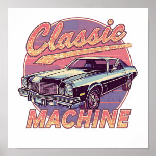 Nostalgische Synthwave Zonsondergang Auto Poster