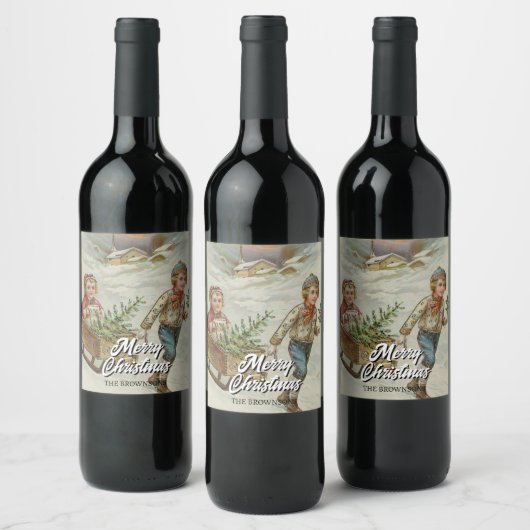 Nostalgische Winter Sleigh Ride Wine Label Wijn Etiket (Flessen)