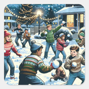 Nostalgische winterscène Sneeuwballengevecht voo Vierkante Sticker